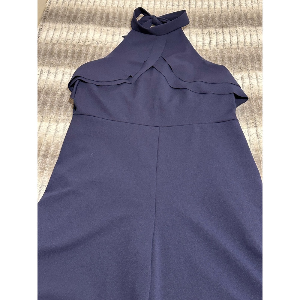 Bebe Navy Halter Ruffle Wide Leg Jumpsuit Size 10 Tie Back Open Back